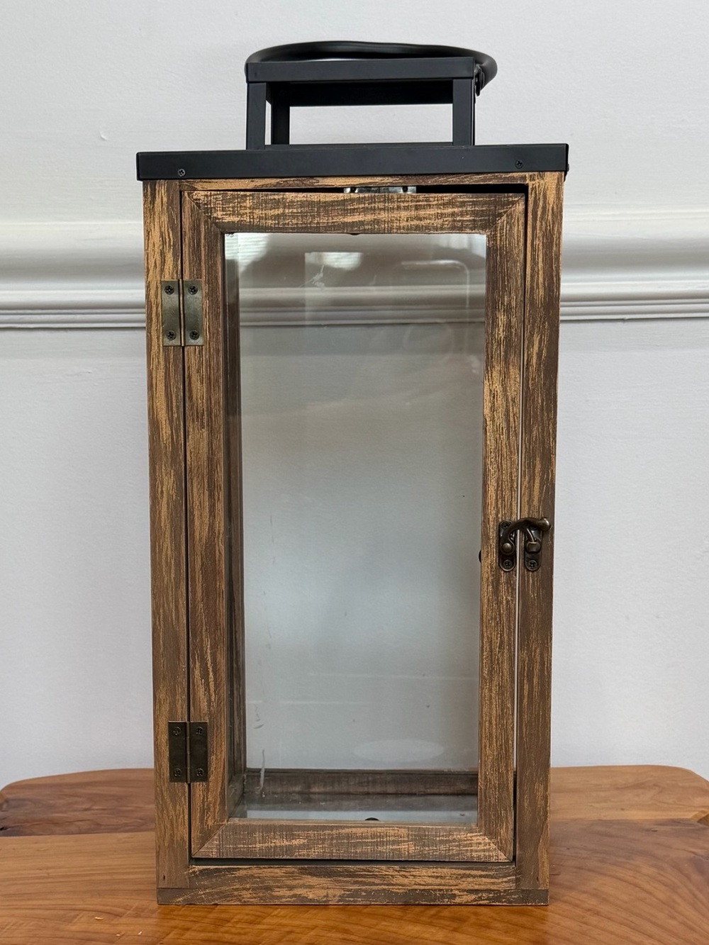 Rustic Big Wooden Glass Lantern Black Metal Top Candle Holder Indoors Outdoors